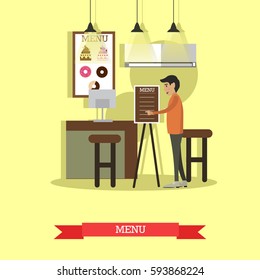 Vector illustration of man pointing at menu. Coffee house, cafe, shop concept design element in flat style.