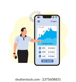 Vector illustration of a man pointing to the screen of a mobile phone with financial charts.