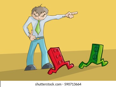 Vector illustration of a man pointing and a toy bricks running.