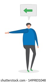 Vector illustration man pointing way. Hand drawn. Colored outlines.