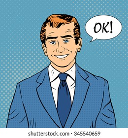 Vector illustration of a man in a pop art style with text OK! in the bubble.