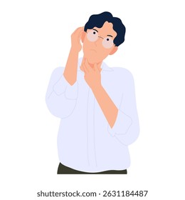 Ilustração vetorial do homem posando com dúvida ou expressão confusa, intrigado com pergunta, pensamento do homem de negócios, design plano isolado no fundo branco.