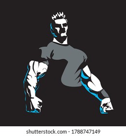 vector illustration of a man posing front view ,muscular man standing aggressive look . bodybuilder man wearing t shirt  portrait view .black background.   