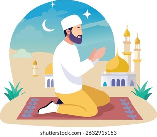 A vector illustration of a man in a posture of prayer. The design utilizes a CMYK color model with elements of grayscale, black, red, green, blue, yellow, cyan, and magenta.