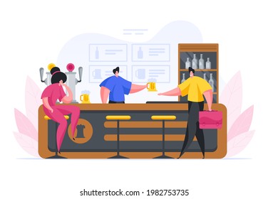 Vector illustration of man pouring and serving jugs of beer to male and female customer at counter in modern bar isolated on white background