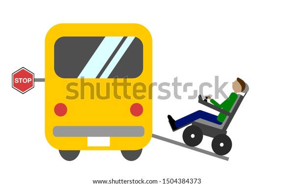Vector illustration of man in power wheelchair\
boarding a school bus. All pieces are grouped and labeled for easy\
editing and/or\
animation.