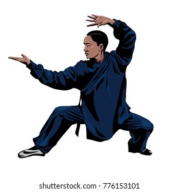 Vector illustration. Man practice Wushu or kung fu and Taekwondo  isolated on white background.