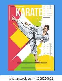 Vector illustration of man practicing karate, martial arts, fitness, training. Bright, colorful sport poster. Healthy lifestyle concept