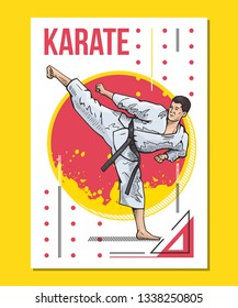 Vector illustration of man practicing karate, martial arts, fitness, training. Bright, colorful sport poster. Healthy lifestyle concept