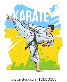 Vector illustration of man practicing karate, martial arts, fitness, training. Bright, colorful sport poster. Healthy lifestyle concept