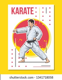 Vector illustration of man practicing karate, martial arts, fitness, training. Karate championship poster. Bright, colorful sport poster. Healthy lifestyle concept