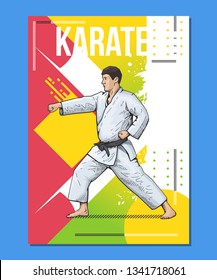 Vector illustration of man practicing karate, martial arts, fitness, training. Karate championship poster. Bright, colorful sport poster. Healthy lifestyle concept