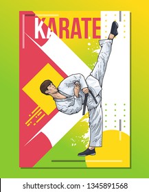 Vector illustration of man practicing karate, martial arts, fitness, training. Bright, colorful sport poster. Healthy lifestyle concept