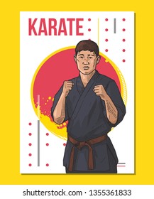 Vector illustration of man practicing karate, martial arts, fitness, training. Karate championship poster. Bright, colorful sport poster. Healthy lifestyle concept