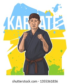 Vector illustration of man practicing karate, martial arts, fitness, training. Karate championship poster. Bright, colorful sport poster. Healthy lifestyle concept