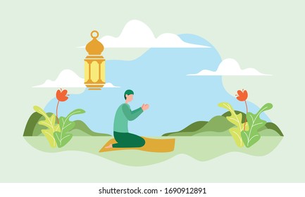 Vector Ilustración de la oración del hombre, Business Concept, Ramadán Concept, Ramadan Kareem, Diseño Plano