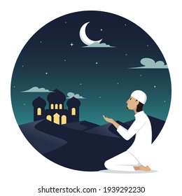 Vector Illustration of a man is praying on the night of ramadhan which is full of blessings accompanied by a beautiful crescent moon