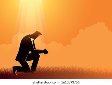 Vector illustration of a man praying under the light