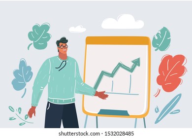 Vector Illustration of man presenting a graph on flip-chart. Close up human character on white background.