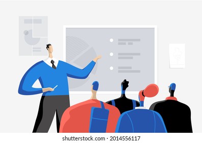 Vector illustration of a man presenting graphics to young audience