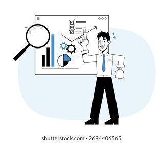 Vector illustration of a man presenting marketing data. Background showing Analysis, innovation, presentation, and explaining.