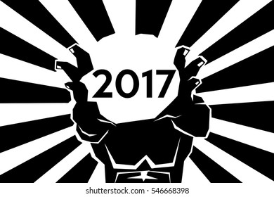 Vector illustration of a man presenting a shining New Year 2017.
