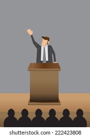 Vector illustration of a man in professional grey suit standing at lectern giving public speech.