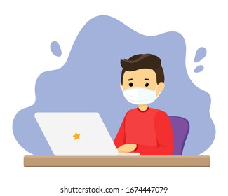 Vector illustration of a man in a protective face mask working at a laptop. The person is protected from viruses. Distance learning and work during an outbreak. Disease prevention. Coronavirus.