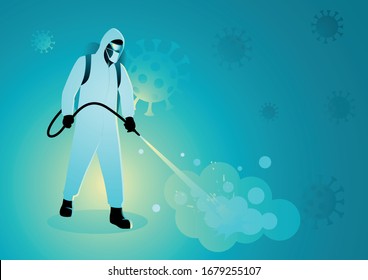 Vector illustration of a man in protective suit spraying disinfectant to cleaning and disinfect virus, Covid-19, Coronavirus, preventive measure