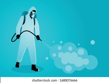 Vector illustration of a man in protective suit spraying disinfectant to cleaning and disinfect virus, Covid-19, Coronavirus, preventive measure