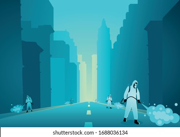 Vector illustration of a man in protective suit spraying disinfectant in empty city to cleaning and disinfect virus, Covid-19, Coronavirus, preventive measure