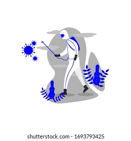 Ilustración vectorial del hombre en traje protector spray para limpiar y desinfectar virus y bacterias. Medidas preventivas.Virus de lucha. Defender el virus y las bacterias.