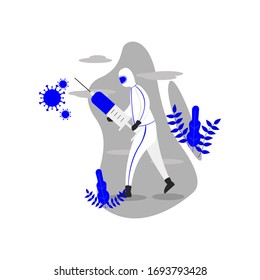Vector illustration of a man in protective suit with vaccine for virus or bacteria. Fight virus. Defend from virus and bacteria.