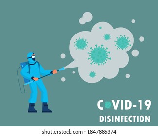 Vector illustration of a man in protective suit spraying disinfectant to cleaning and disinfect virus, Covid-19, Coronavirus