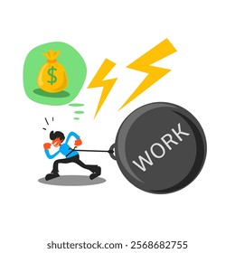 Vector illustration of a man pulling a burden while imagining the benefits of hard work in business