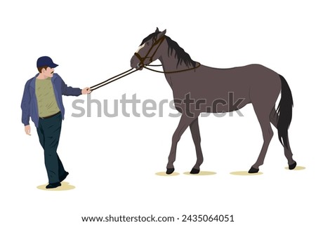 vector illustration of a man pulling a horse by the reins. Isolated on a white background. The theme of equestrian sports, farming, veterinary medicine and animal husbandry

