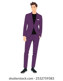 Vector illustration of a man in a purple suit and classic shoes. Suit for formal events