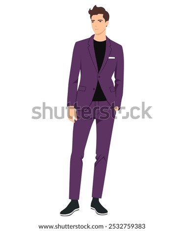 Vector illustration of a man in a purple suit and classic shoes. Suit for formal events