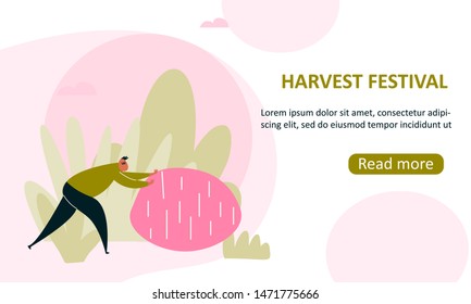 Vector illustration of man pushing a big potato. Harvesting. Web banner template.
