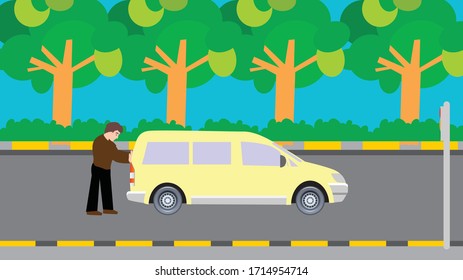 Vector Illustration of a Man Pushing a Car, Push a Car