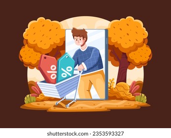 Vector illustration man pushing a shopping cart with filled discount label during autumn sale. This captures the excitement of the autumn season as stores offer discounts.
autumn sale Illustration.