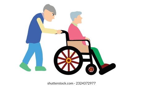 vector illustration of a man pushing a wheelchair.