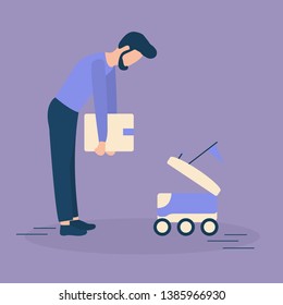Vector illustration with man puts box in the delivery robot. Modern robotic express delivery service. Artificial intelligence. Design for websites, print, presentation.
