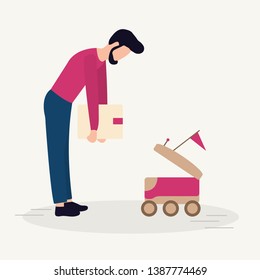 Vector illustration with man puts box in the delivery robot. Modern robotic express delivery service. Artificial intelligence. Design for websites, print, presentation.