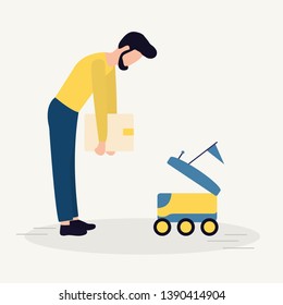 Vector illustration with man puts box in the delivery robot. Modern robotic express delivery service. Artificial intelligence. Design for websites, print, presentation.