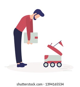 Vector illustration with man puts box in the delivery robot. Modern robotic express delivery service. Artificial intelligence. Design for websites, print, presentation.