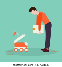 Vector illustration with man puts box in the delivery robot. Modern robotic express delivery service. Artificial intelligence. Design for websites, print, presentation.