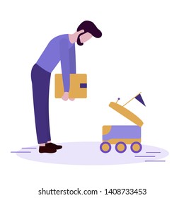 Vector illustration with man puts box in the delivery robot. Modern robotic express delivery service. Artificial intelligence. Design for websites, print, presentation.