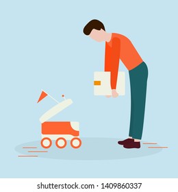Vector illustration with man puts box in the delivery robot. Modern robotic express delivery service. Artificial intelligence. Design for websites, print, presentation.