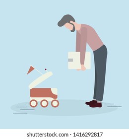 Vector illustration with man puts box in the delivery robot. Modern robotic express delivery service. Artificial intelligence. Design for websites, print, presentation.
